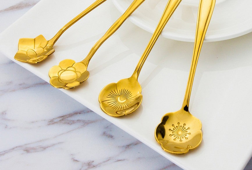 Stainless Steel Creative Coffee & Dessert Spoon – Leaf, Rose, and Cherry Blossom Design