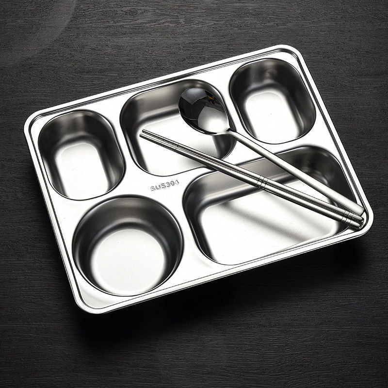 304 Stainless Steel Dinner Plate Five Grid Fast Food With Lid