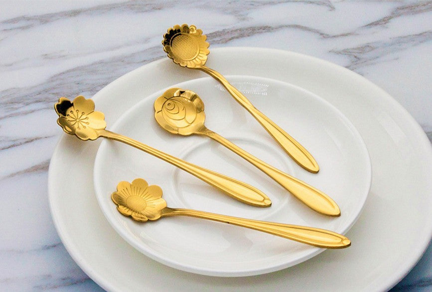 Stainless Steel Creative Coffee & Dessert Spoon – Leaf, Rose, and Cherry Blossom Design