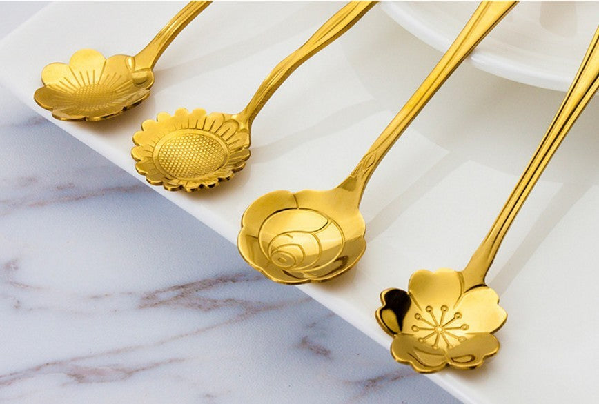 Stainless Steel Creative Coffee & Dessert Spoon – Leaf, Rose, and Cherry Blossom Design